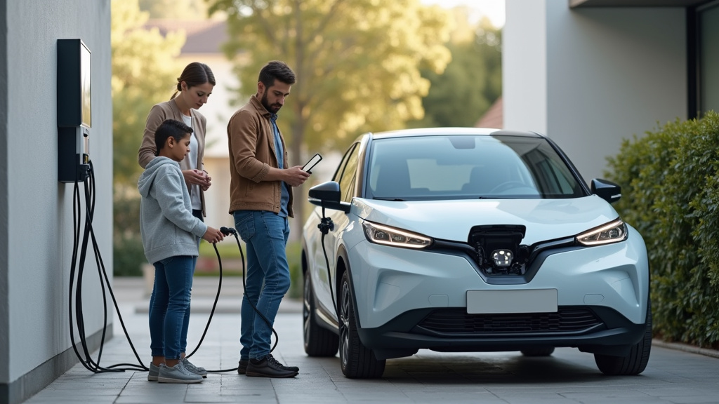 Famille utilisant une borne électrique à Delle pour recharger leur voiture