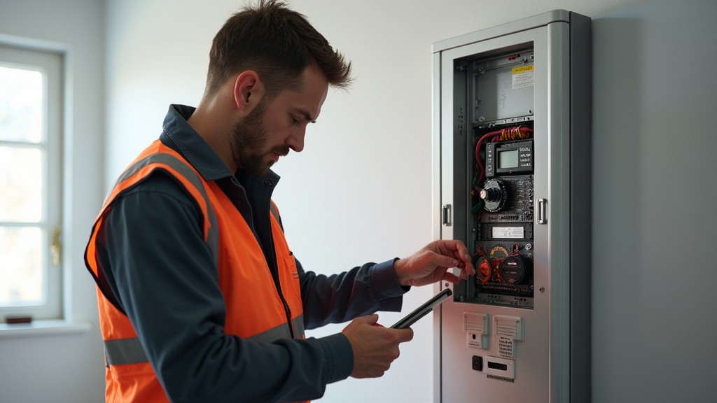 Installateur certifié IRVE analysant un tableau électrique avant pose de borne
