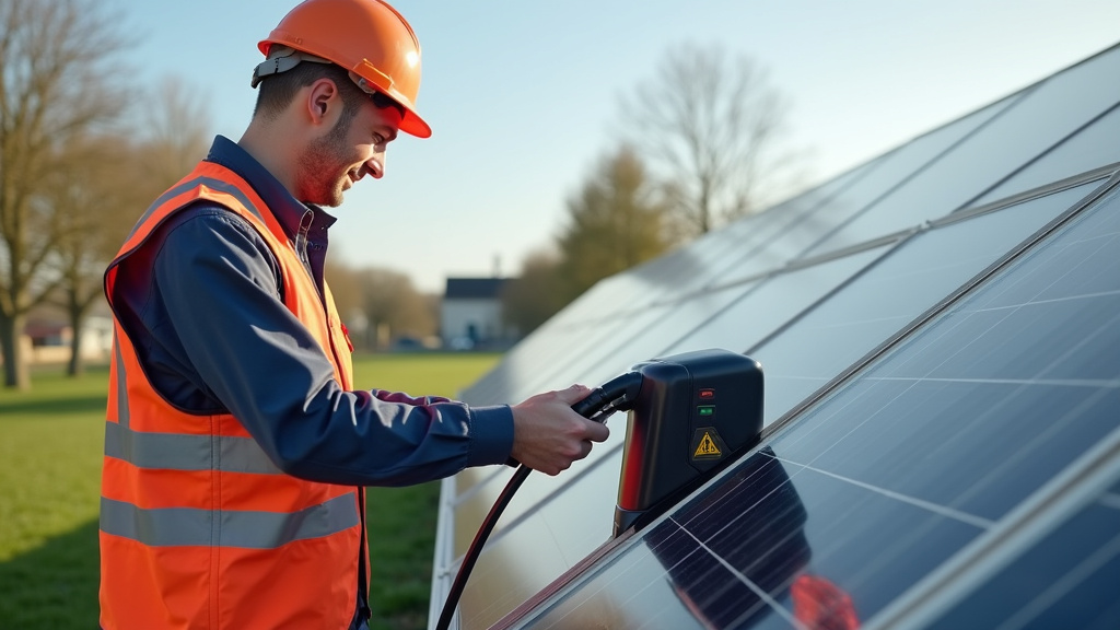 Installateur en train de poser une borne de recharge électrique à Segonzac