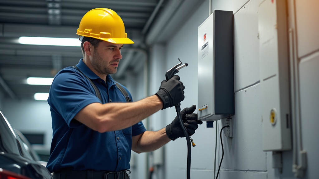 Installateur en train d’installer une borne de recharge dans un garage à Pont-de-l