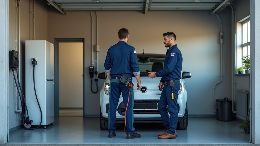 Installateur en train d’installer une borne de recharge électrique dans un garage à Le Bailleul