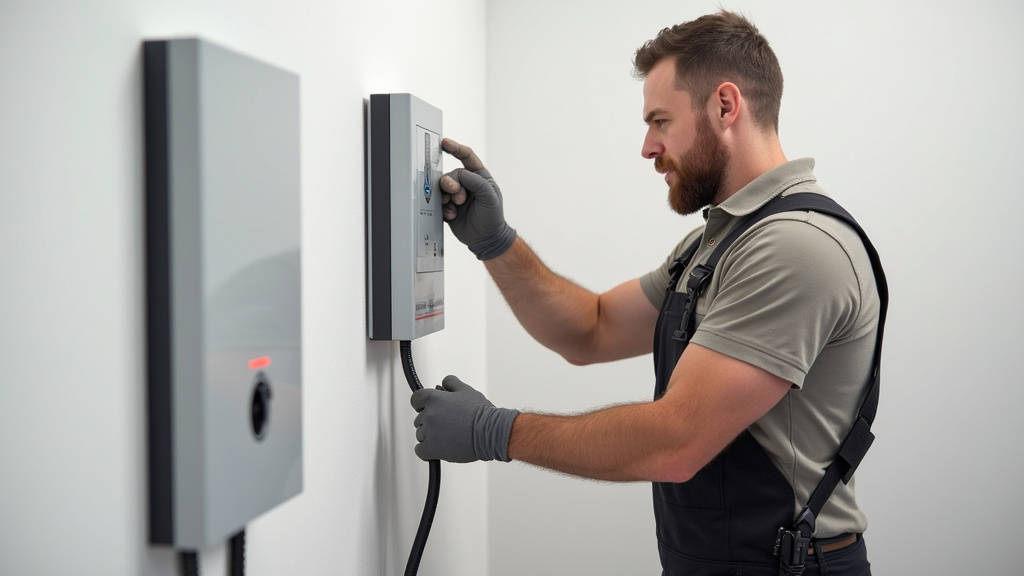 Installateur IRVE en train de fixer une borne de recharge murale