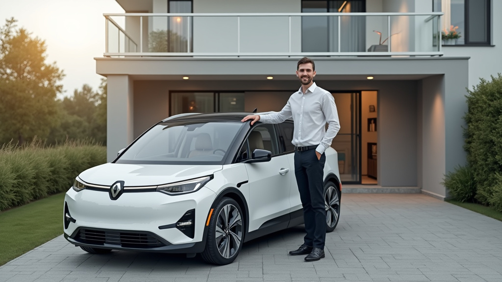 Portrait d’un propriétaire avec sa voiture électrique devant sa maison équipée d’une borne