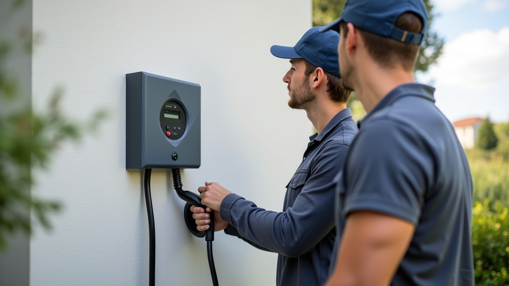 Technicien certifié IRVE installant une borne de recharge électrique murale à Mercy-le-Bas, devant une maison individuelle
