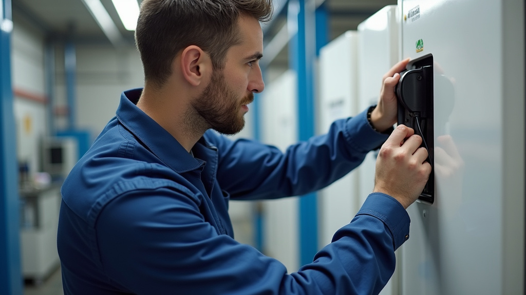 Technicien effectuant un contrôle de maintenance sur une borne de recharge électrique à Rignac