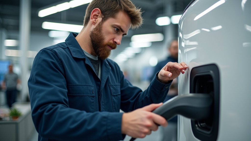 Technicien effectuant un entretien de borne de recharge à Marcellaz