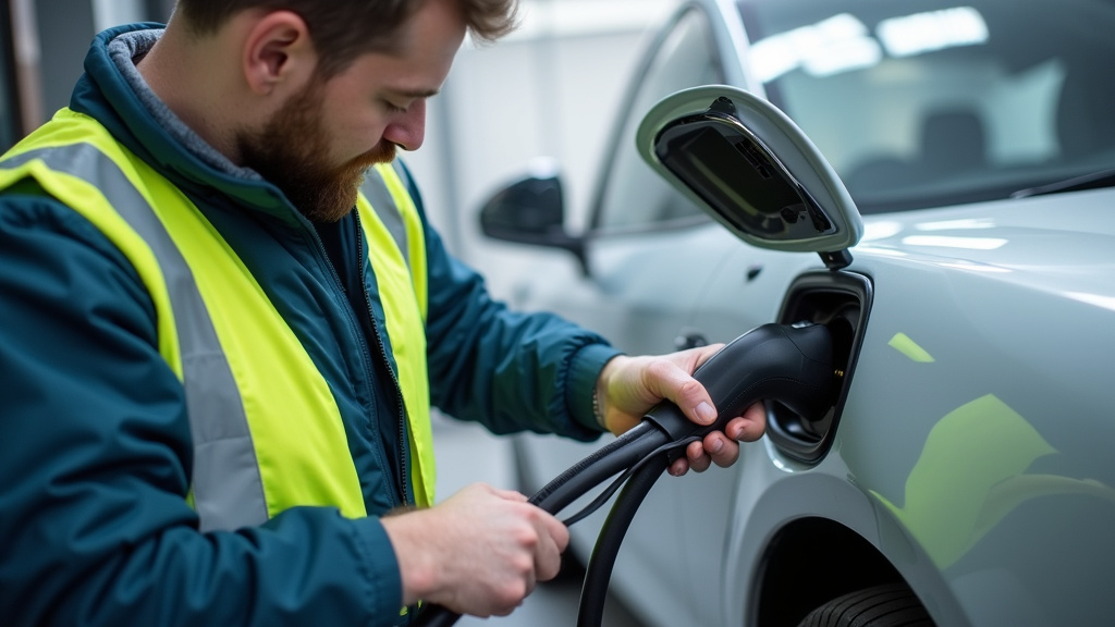 Technicien effectuant un entretien de borne de recharge à Rion-des-Landes