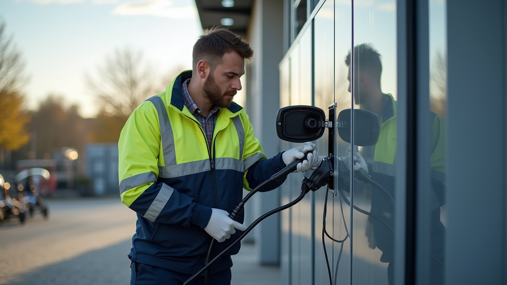 Technicien effectuant une maintenance sur une borne de recharge électrique à Allouagne