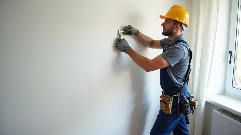 Technicien en train de fixer une borne murale lors d