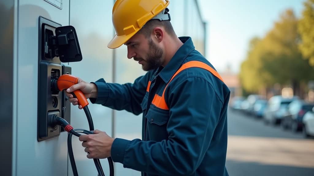 Technicien en train de raccorder une borne de recharge électrique à Trémentines