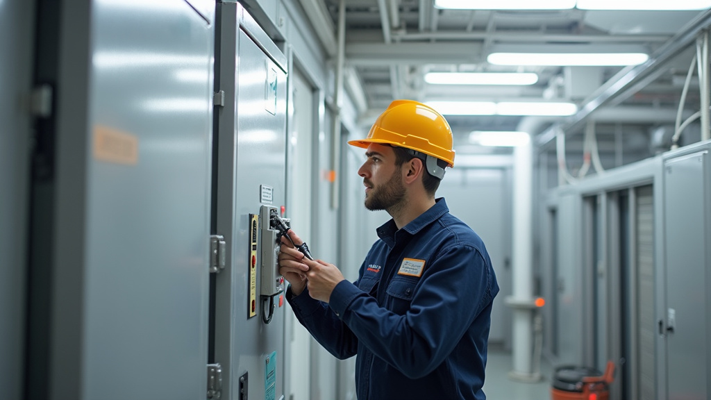 Technicien en train de vérifier le panneau électrique avant installation d