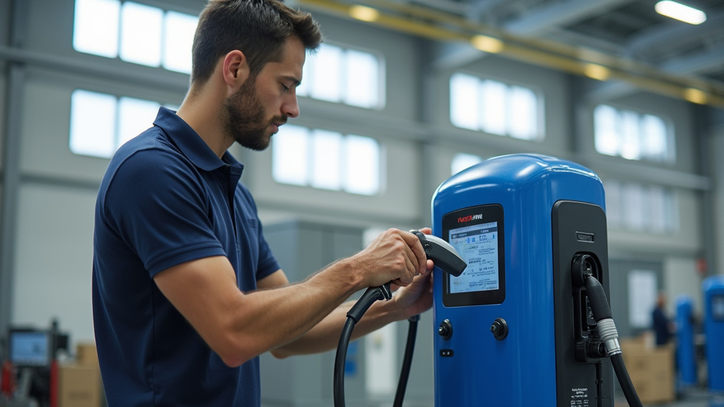 Technicien en train de vérifier une borne de recharge à Bertrichamps