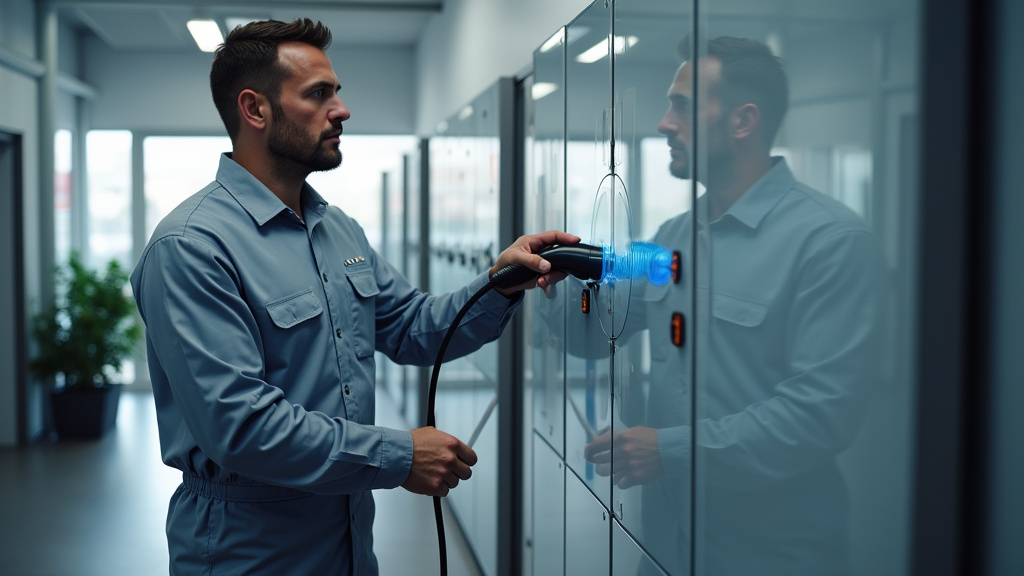 Technicien en train de vérifier une borne de recharge à Decazeville
