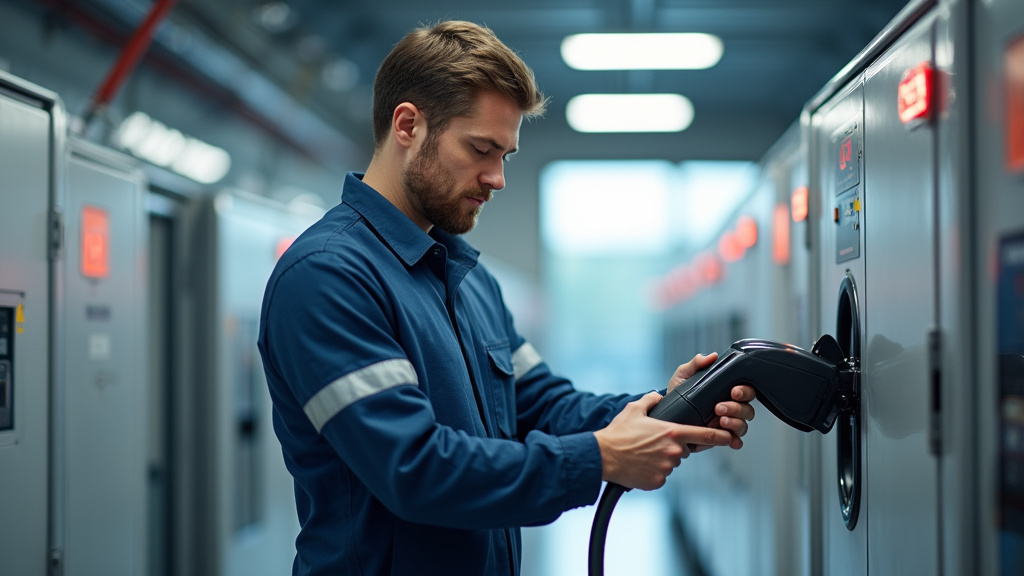 Technicien en train de vérifier une borne de recharge à Dole