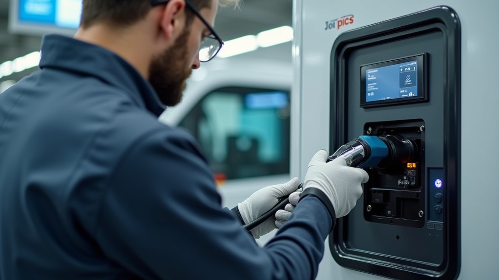 Technicien en train de vérifier une borne de recharge à Joyeuse