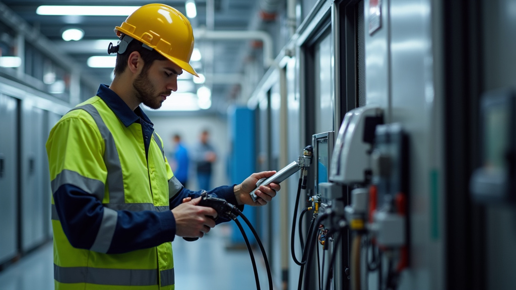 Technicien en train de vérifier une borne de recharge à Kingersheim