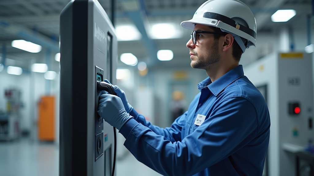 Technicien en train de vérifier une borne de recharge à Riedseltz
