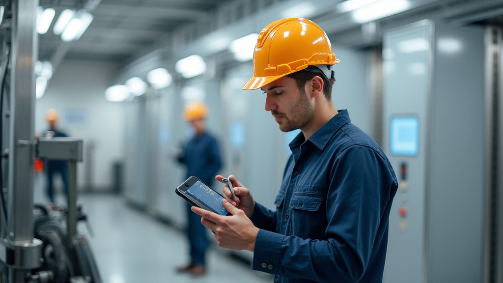 Technicien en train de vérifier une borne de recharge à Saint-Molf