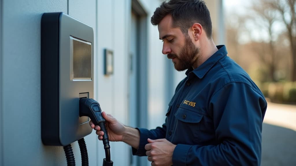 Technicien en train de vérifier une borne de recharge électrique à Anduze