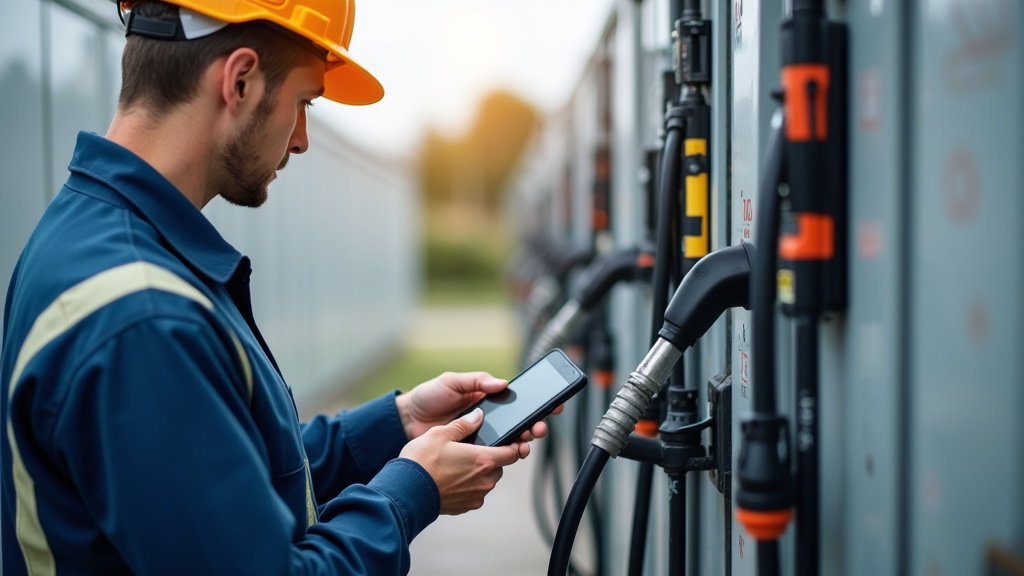 Technicien en train de vérifier une borne de recharge électrique à Balbigny