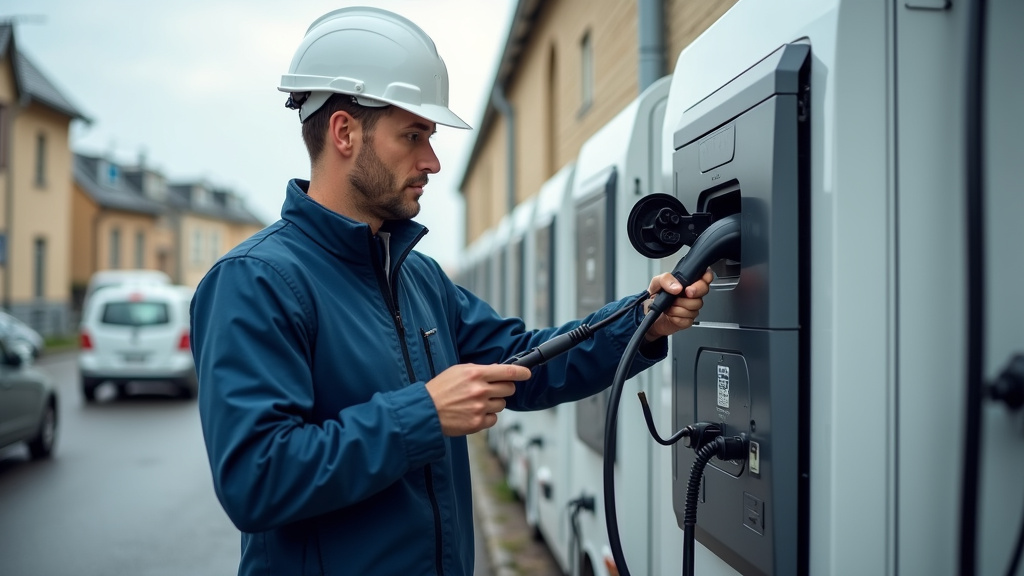 Technicien en train de vérifier une borne de recharge électrique à Cénac-et-Saint-Julien