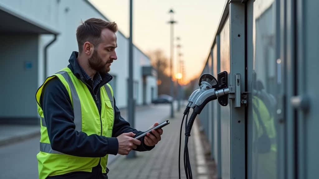Technicien en train de vérifier une borne de recharge électrique à Châtel-sur-Moselle