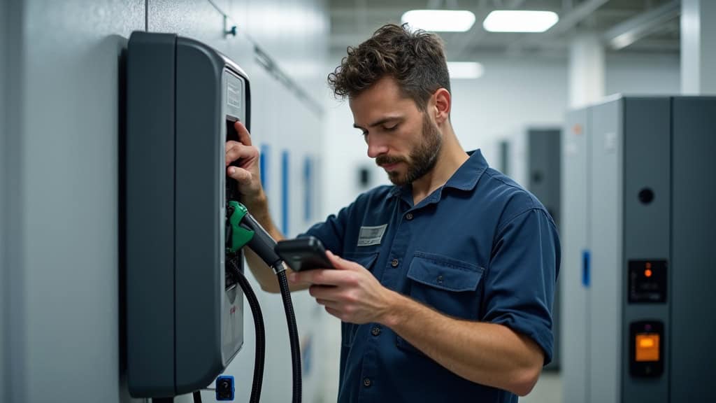 Technicien en train de vérifier une borne de recharge électrique à Orthevielle