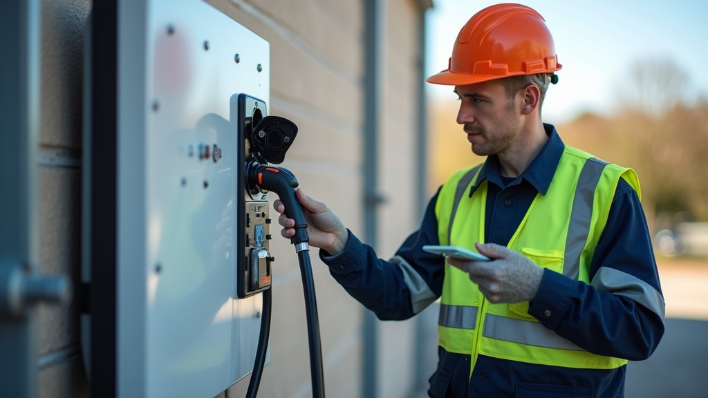 Technicien en train de vérifier une borne de recharge électrique à Rozier-en-Donzy