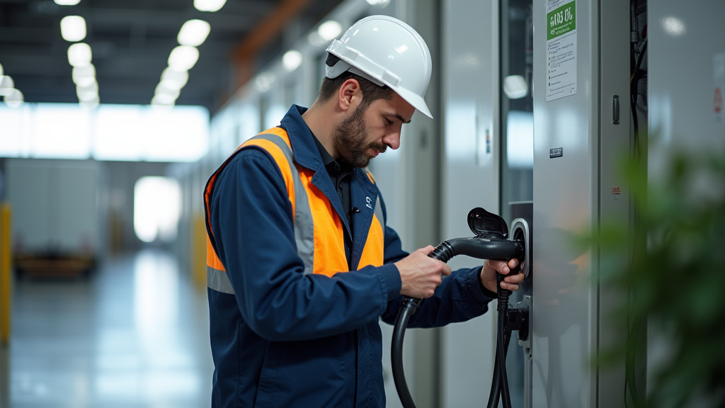 Technicien en train de vérifier une borne de recharge électrique à Saint-Georges-sur-Baulche