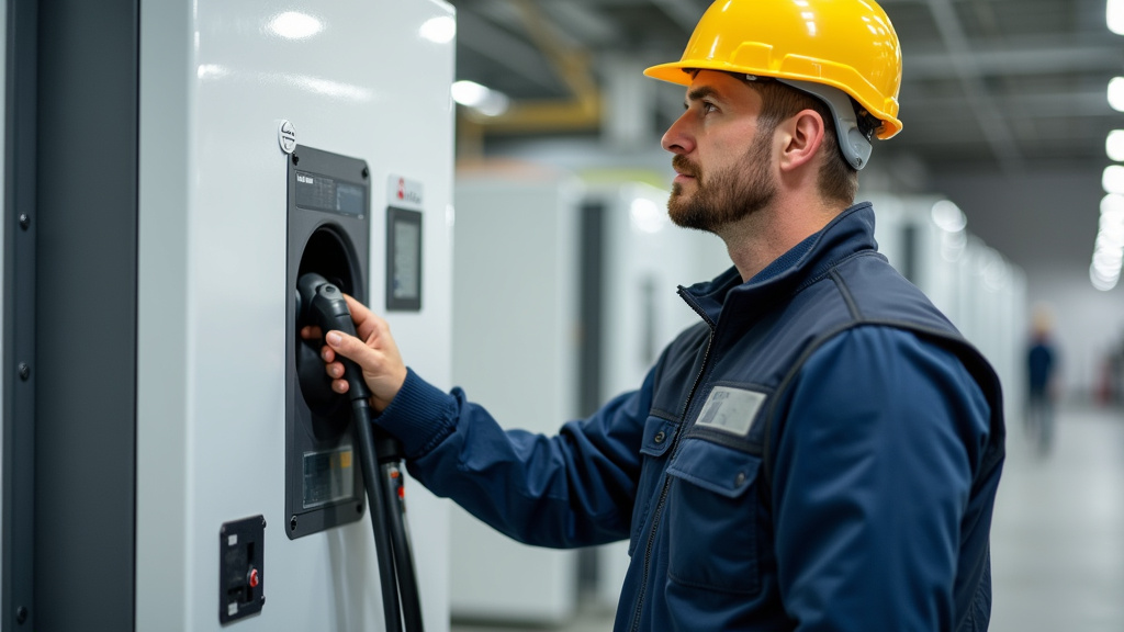 Technicien en train de vérifier une borne de recharge électrique à Saint-Guinoux