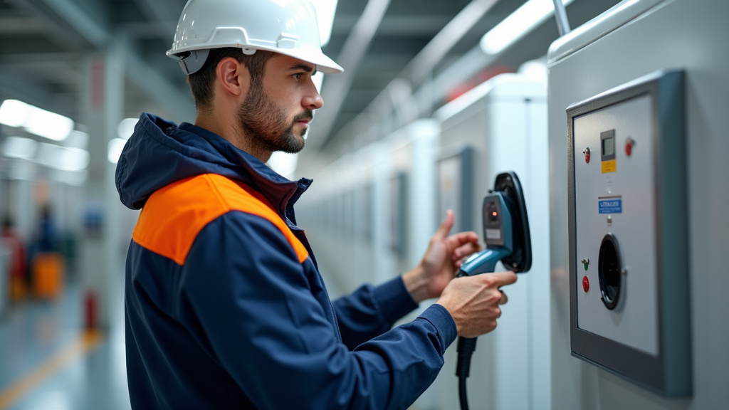 Technicien en train de vérifier une borne de recharge électrique à Saint-Marcel
