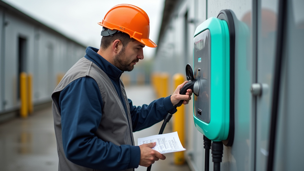 Technicien en train de vérifier une borne de recharge électrique à Saint-Martin-Lalande
