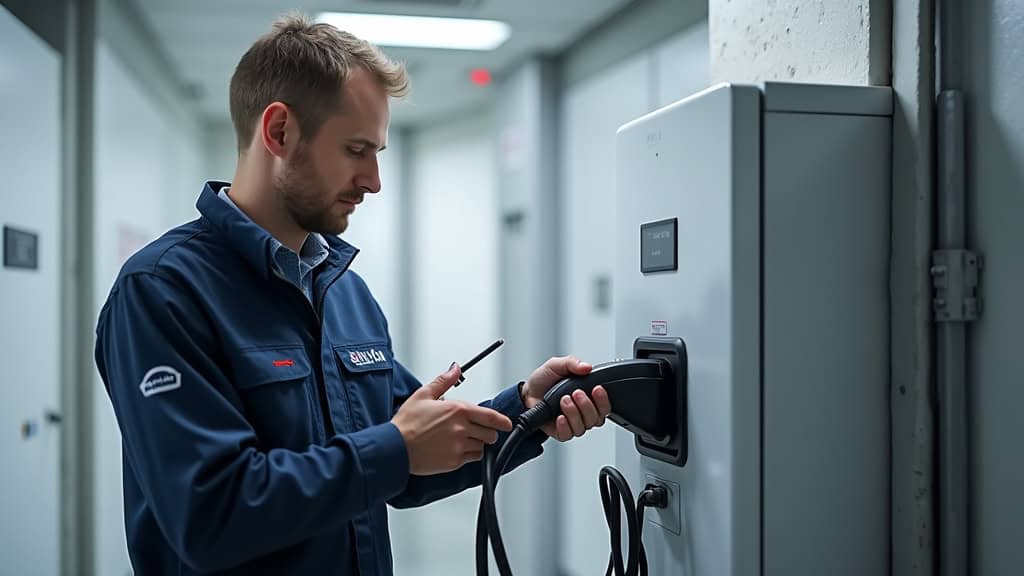 Technicien en train de vérifier une borne de recharge électrique à Thénac
