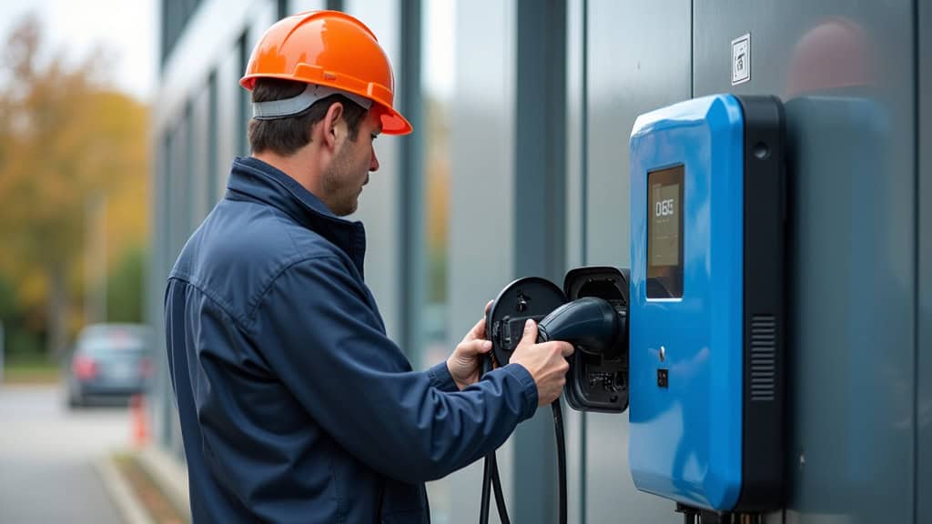 Technicien en train de vérifier une borne de recharge électrique à Tourrettes