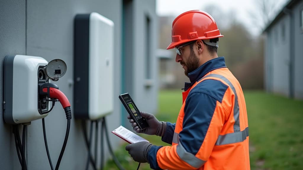 Technicien en train de vérifier une borne de recharge électrique en extérieur