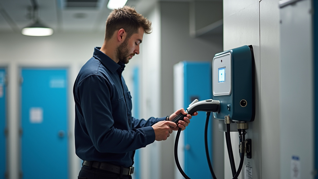 Technicien en train de vérifier une borne de recharge électrique installée