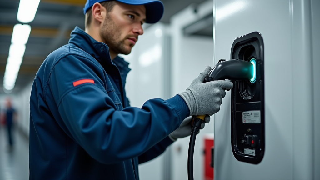 Technicien en train de vérifier une borne de recharge électrique lors d