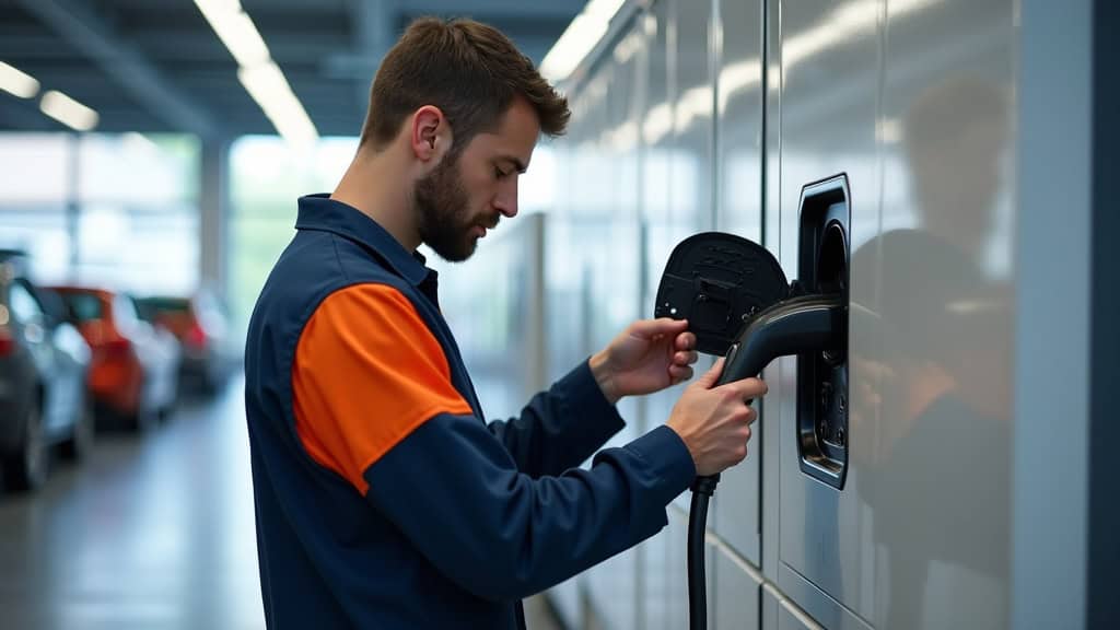 Technicien en train de vérifier une borne de recharge électrique