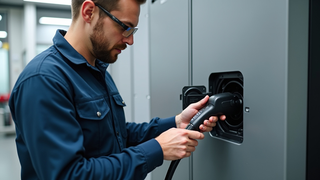 Technicien en train de vérifier une borne de recharge électrique