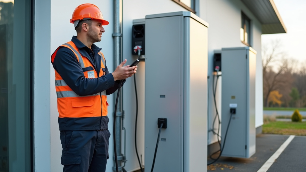 Technicien en train de vérifier une borne de recharge en extérieur