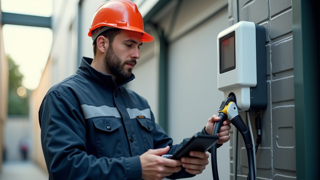 Technicien en train d’installer une borne de recharge à Bormes-les-Mimosas