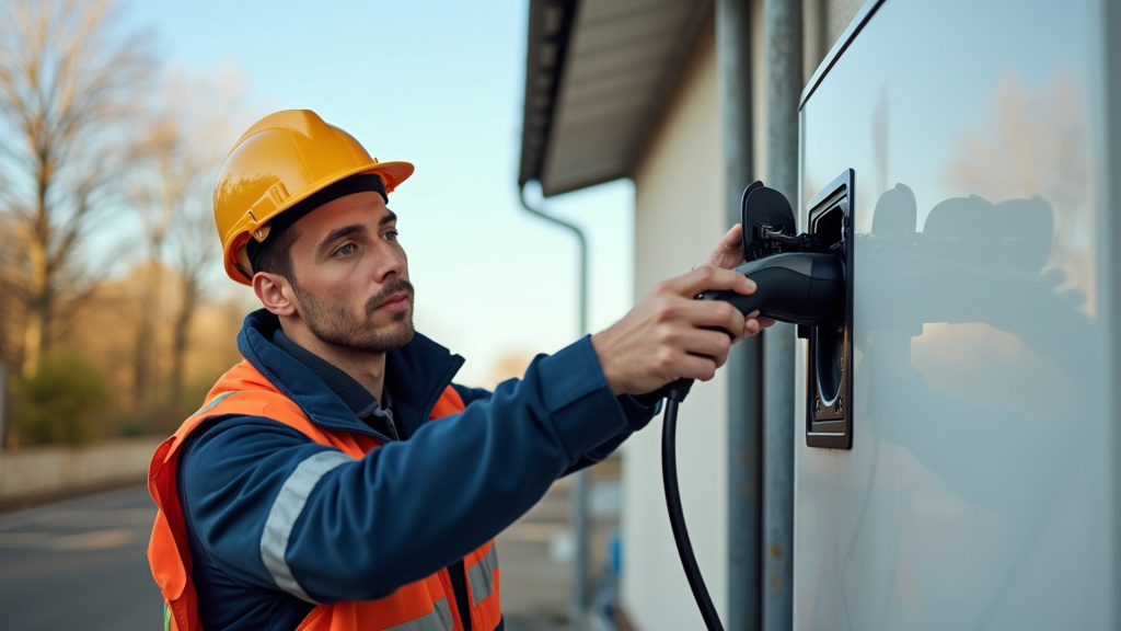 Technicien en train d’installer une borne de recharge électrique à Mont-de-Marsan