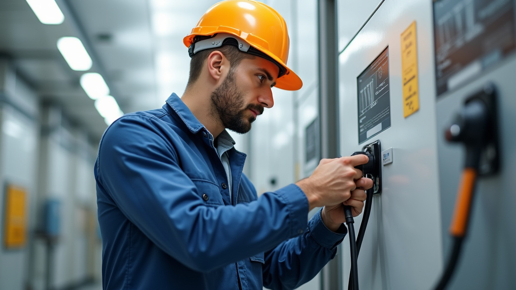 Technicien en train d’installer une borne de recharge électrique à Saint-Apollinaire