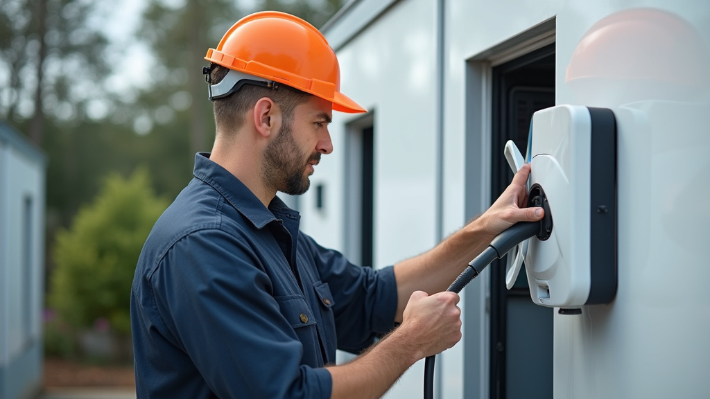 Technicien en train d’installer une borne de recharge électrique à Varennes-Jarcy
