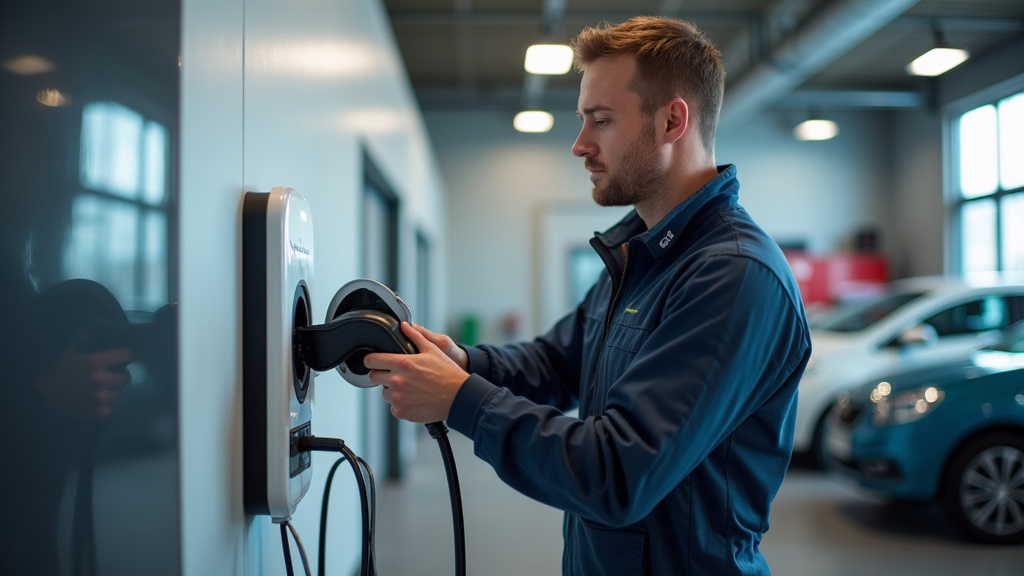 Technicien en train d’installer une borne de recharge électrique dans un garage à Villers-sur-Mer