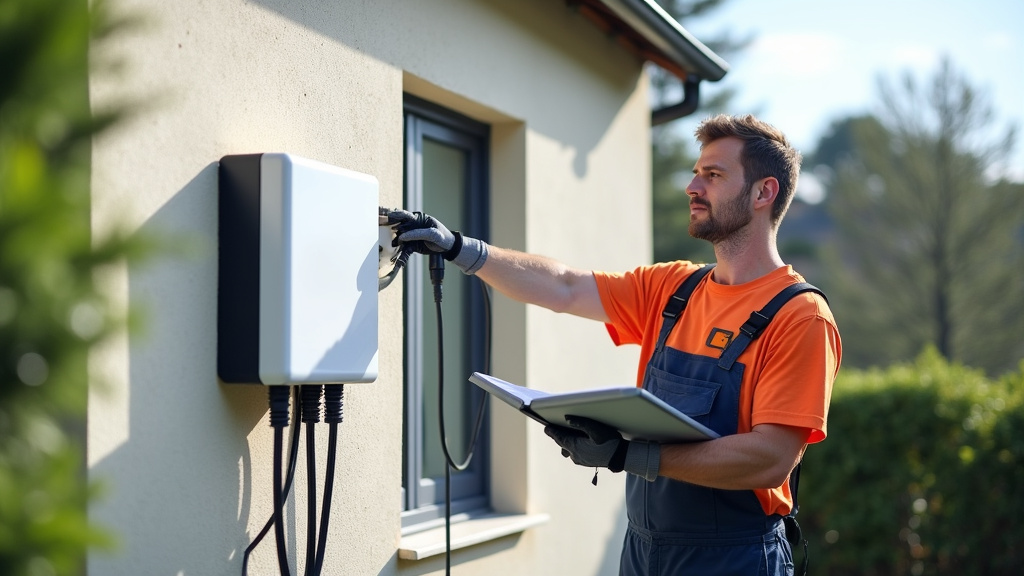 Technicien en train d’installer une borne de recharge électrique sur un mur extérieur à Einville-au-Jard