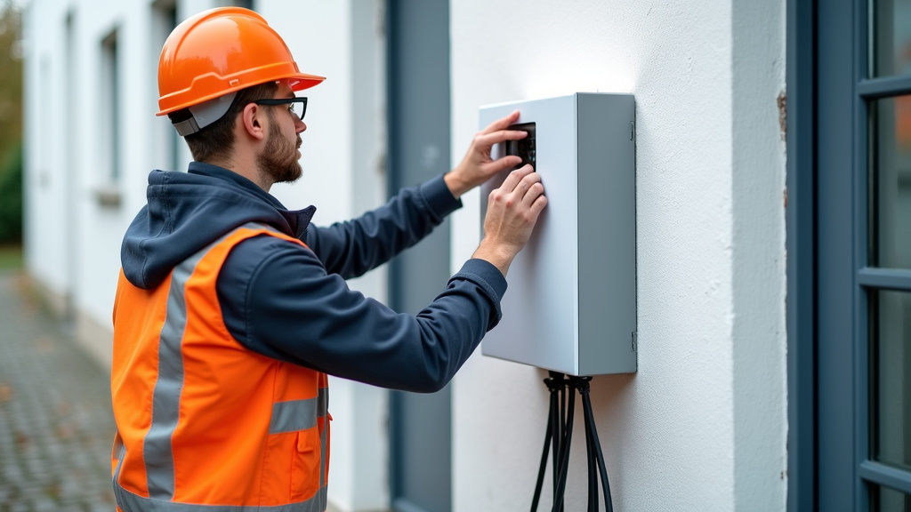 Technicien en train d’installer une borne de recharge électrique sur un mur extérieur à Vald