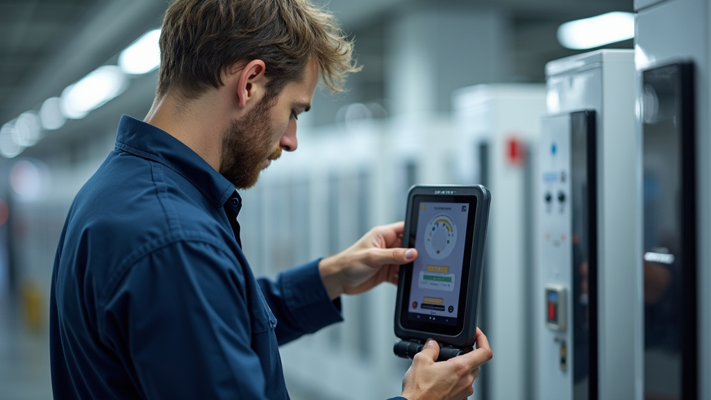 Technicien IRVE en train de tester une borne de recharge à Treffléan