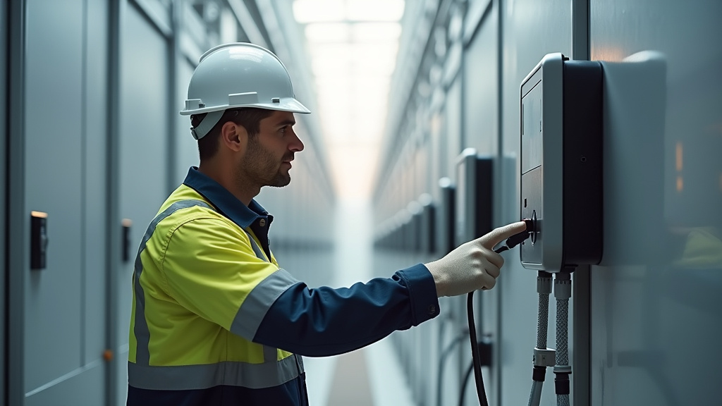Technicien IRVE en train de vérifier une borne de recharge installée à Forges de Lanouée
