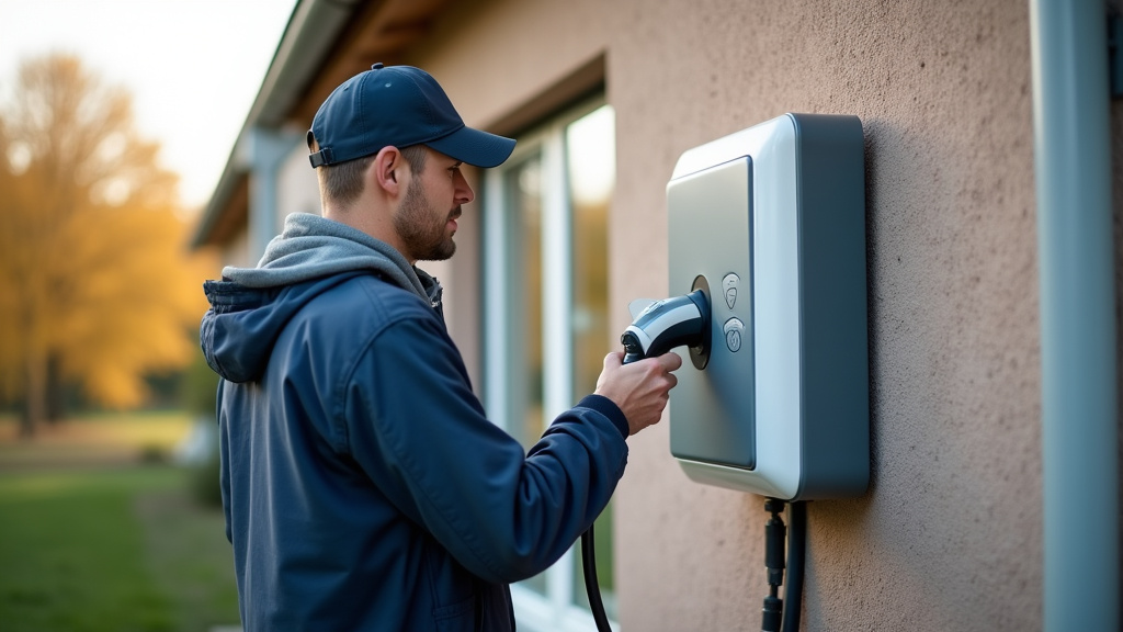 Technicien IRVE en train d’installer une borne de recharge électrique chez un particulier
